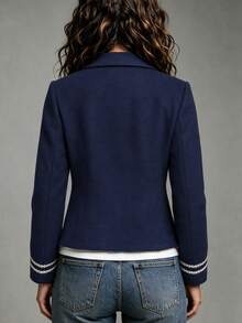 SHEIN Women's Autumn/Winter Elegant Napoleon Style Navy Blue Gold Trim Thick Long Sleeve Overcoat - Navy Blue - View 3