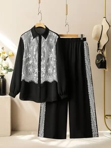 Lacomfia Women's Long Sleeve 2 In 1 Shirt With Lace Patchwork, Versatile Elegant Sophisticated Commuter Plus Size 2 Pieces Set - Black and White - View 3