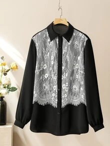 Lacomfia Women's Long Sleeve 2 In 1 Shirt With Lace Patchwork, Versatile Elegant Sophisticated Commuter Plus Size 2 Pieces Set - Black and White - View 4