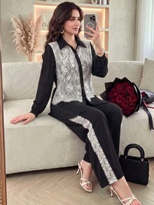Lacomfia Women's Long Sleeve 2 In 1 Shirt With Lace Patchwork, Versatile Elegant Sophisticated Commuter Plus Size 2 Pieces Set - Black and White - View 1
