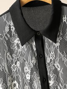 Lacomfia Women's Long Sleeve 2 In 1 Shirt With Lace Patchwork, Versatile Elegant Sophisticated Commuter Plus Size 2 Pieces Set - Black and White - View 6