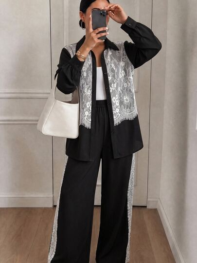 Lacomfia Women's Long Sleeve 2 In 1 Shirt With Lace Patchwork, Versatile Elegant Sophisticated Commuter Plus Size 2 Pieces Set