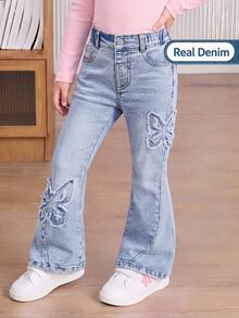 SHEIN Genkimix Kids 少女蝴蝶刺繡喇叭腿牛仔褲 - 淺色水洗藍 - 查看 8