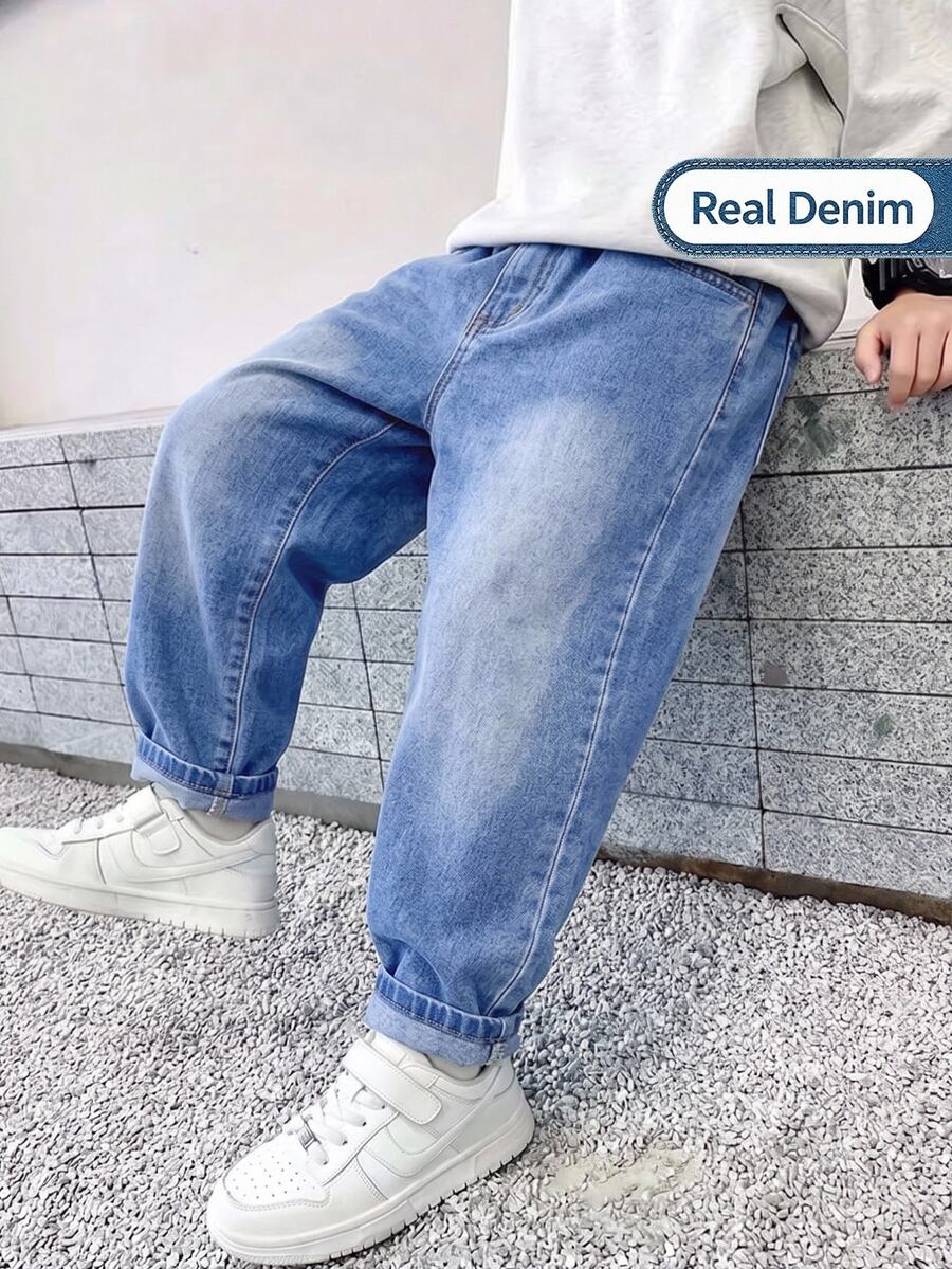 Genkimix Kids Boys' Back To School Season Simple Washed Denim Long Pants Loose Straight Leg Basic Casual Jeans
