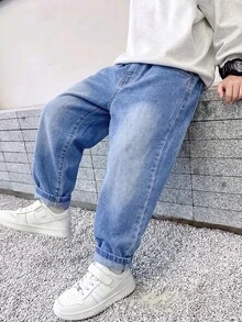 Genkimix Kids 男童返校季簡約水洗丹寧長褲，寬鬆直筒基本休閒牛仔褲 - 淺色水洗藍 - 查看 1
