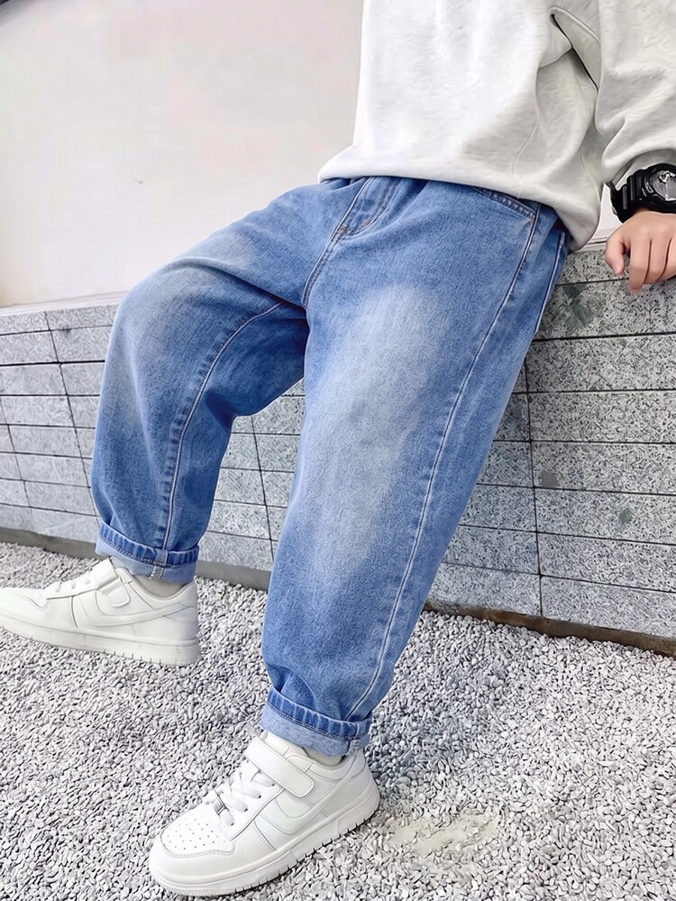 Genkimix Kids Boys' Back To School Season Simple Washed Denim Long Pants Loose Straight Leg Basic Casual Jeans - Light Wash - View 1