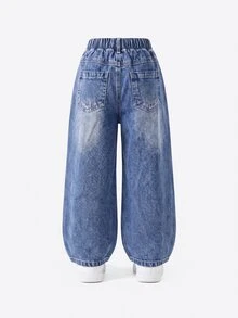 SHEIN Genkimix Kids 女童牛仔長褲，四季皆宜，可愛趣味復古牛仔女郎西部風中藍色，彈性腰頭，粉色與白色蝴蝶結刺繡，直筒寬腿，夏季 - 中等水洗藍 - 查看 3