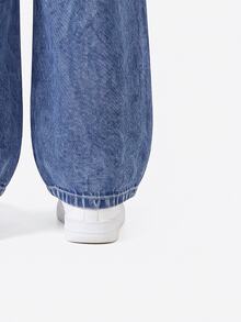 SHEIN Genkimix Kids 女童牛仔長褲，四季皆宜，可愛趣味復古牛仔女郎西部風中藍色，彈性腰頭，粉色與白色蝴蝶結刺繡，直筒寬腿，夏季 - 中等水洗藍 - 查看 7