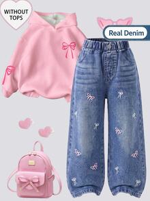 SHEIN Genkimix Kids 女童牛仔長褲，四季皆宜，可愛趣味復古牛仔女郎西部風中藍色，彈性腰頭，粉色與白色蝴蝶結刺繡，直筒寬腿，夏季 - 中等水洗藍 - 查看 10
