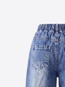 SHEIN Genkimix Kids 女童牛仔長褲，四季皆宜，可愛趣味復古牛仔女郎西部風中藍色，彈性腰頭，粉色與白色蝴蝶結刺繡，直筒寬腿，夏季 - 中等水洗藍 - 查看 6