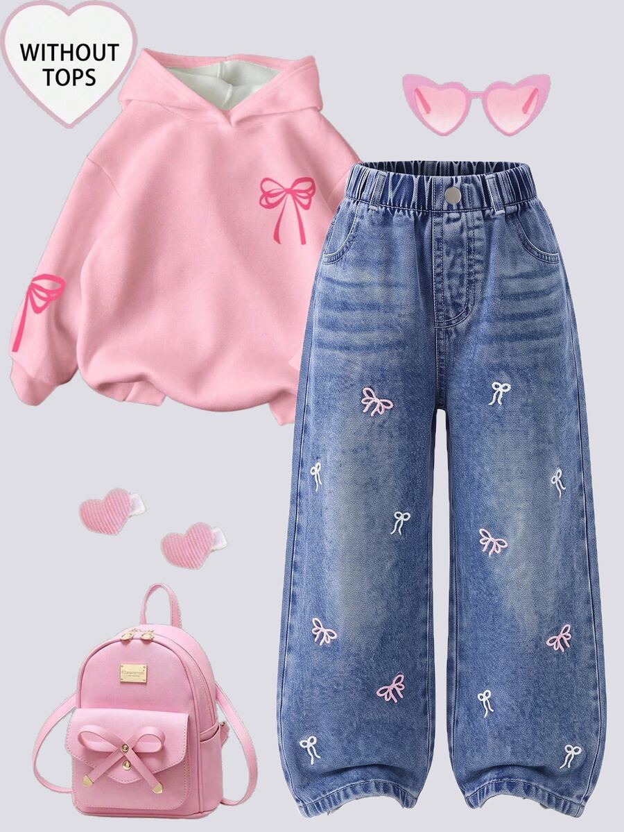 SHEIN Genkimix Kids 女童牛仔長褲，四季皆宜，可愛趣味復古牛仔女郎西部風中藍色，彈性腰頭，粉色與白色蝴蝶結刺繡，直筒寬腿，夏季