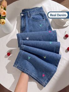 SHEIN Genkimix Kids Teen Girl Heart Embroidery Wide Leg Jeans - Dark Wash - View 2