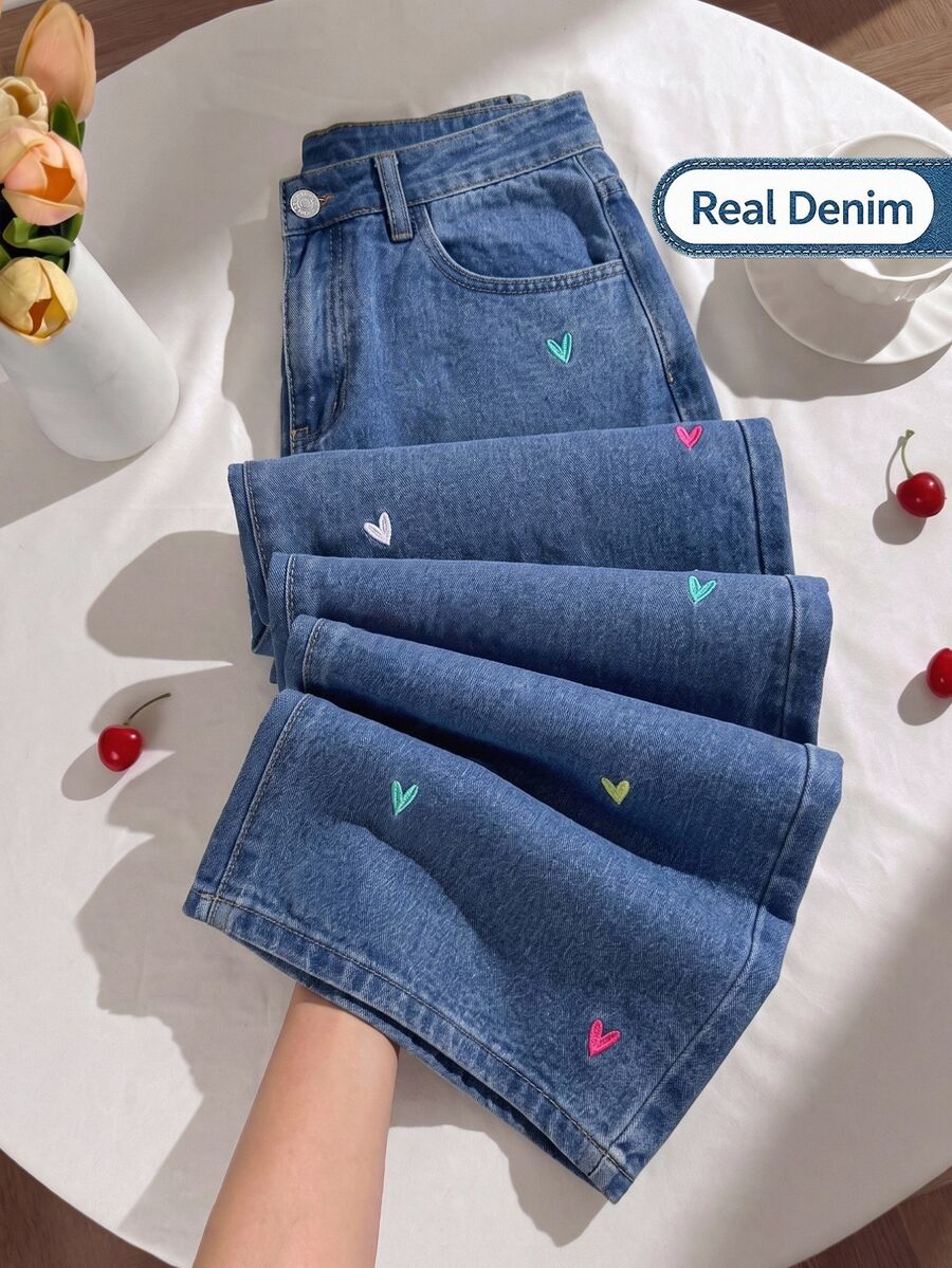 SHEIN Genkimix Kids Teen Girl Heart Embroidery Wide Leg Jeans