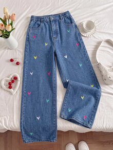 SHEIN Genkimix Kids Teen Girl Heart Embroidery Wide Leg Jeans - Dark Wash - View 4