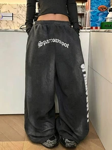 Rovax Women's Loose Letter Print Elastic Waist Casual Wide Leg Sweatpants - Dark Grey - View 3
