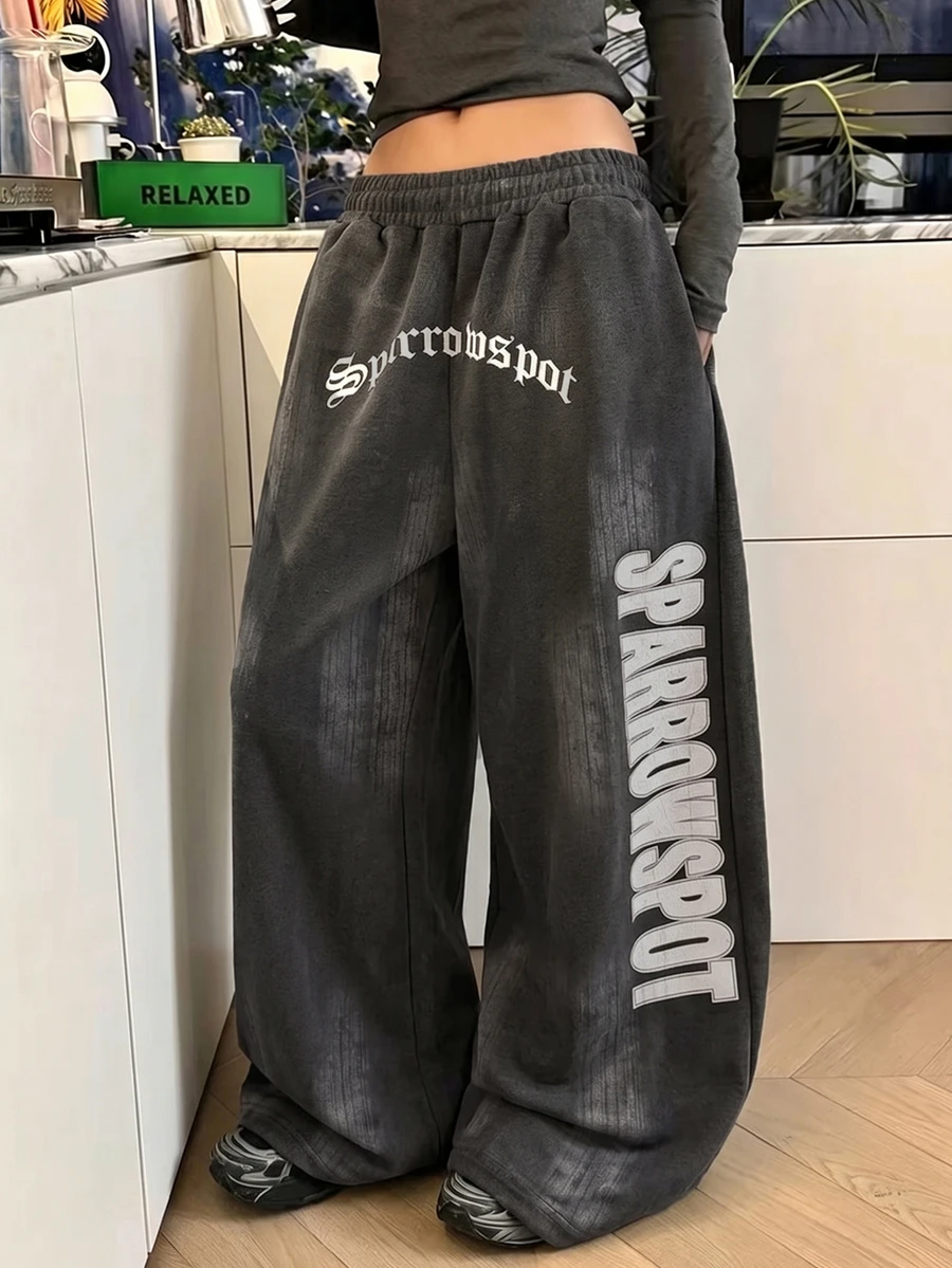 Rovax Women's Loose Letter Print Elastic Waist Casual Wide Leg Sweatpants - Dark Grey - View 1