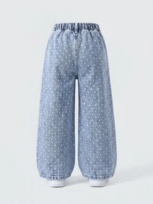 SHEIN Genkimix Kids Girls' Denim Jeans, New All-Season Casual Cute Style, Vintage Light Blue, Elastic Waistband With Heart-Shaped Patch Pockets On Both Sides, Combined With White Polka Dot Print And Snow Wash Effect, Loose Straight Leg Wide Leg Fit, Soft And Comfortable Fabric, Fashionable And Versatile, Suitable For Daily Wear, Gatherings, Outings And More - Light Wash - View 3