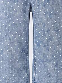 SHEIN Genkimix Kids Girls' Denim Jeans, New All-Season Casual Cute Style, Vintage Light Blue, Elastic Waistband With Heart-Shaped Patch Pockets On Both Sides, Combined With White Polka Dot Print And Snow Wash Effect, Loose Straight Leg Wide Leg Fit, Soft And Comfortable Fabric, Fashionable And Versatile, Suitable For Daily Wear, Gatherings, Outings And More - Light Wash - View 8