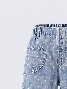 SHEIN Genkimix Kids Girls' Denim Jeans, New All-Season Casual Cute Style, Vintage Light Blue, Elastic Waistband With Heart-Shaped Patch Pockets On Both Sides, Combined With White Polka Dot Print And Snow Wash Effect, Loose Straight Leg Wide Leg Fit, Soft And Comfortable Fabric, Fashionable And Versatile, Suitable For Daily Wear, Gatherings, Outings And More - Light Wash - View 9