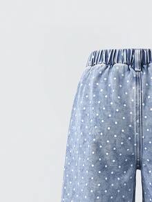 SHEIN Genkimix Kids Girls' Denim Jeans, New All-Season Casual Cute Style, Vintage Light Blue, Elastic Waistband With Heart-Shaped Patch Pockets On Both Sides, Combined With White Polka Dot Print And Snow Wash Effect, Loose Straight Leg Wide Leg Fit, Soft And Comfortable Fabric, Fashionable And Versatile, Suitable For Daily Wear, Gatherings, Outings And More - Light Wash - View 4
