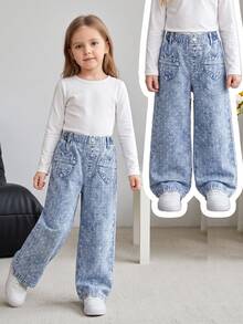 SHEIN Genkimix Kids Girls' Denim Jeans, New All-Season Casual Cute Style, Vintage Light Blue, Elastic Waistband With Heart-Shaped Patch Pockets On Both Sides, Combined With White Polka Dot Print And Snow Wash Effect, Loose Straight Leg Wide Leg Fit, Soft And Comfortable Fabric, Fashionable And Versatile, Suitable For Daily Wear, Gatherings, Outings And More - Light Wash - View 11