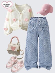 SHEIN Genkimix Kids Girls' Denim Jeans, New All-Season Casual Cute Style, Vintage Light Blue, Elastic Waistband With Heart-Shaped Patch Pockets On Both Sides, Combined With White Polka Dot Print And Snow Wash Effect, Loose Straight Leg Wide Leg Fit, Soft And Comfortable Fabric, Fashionable And Versatile, Suitable For Daily Wear, Gatherings, Outings And More - Light Wash - View 2