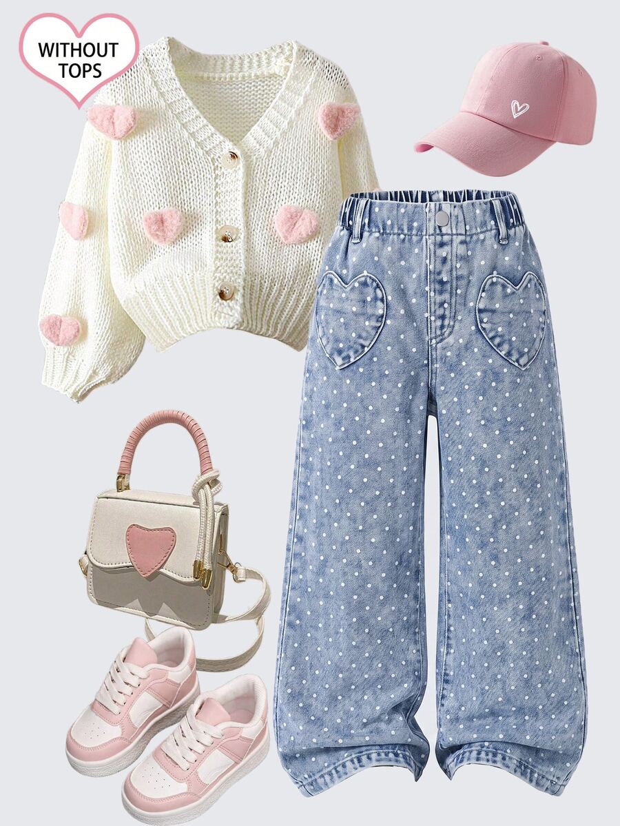 SHEIN Genkimix Kids Girls' Denim Jeans, New All-Season Casual Cute Style, Vintage Light Blue, Elastic Waistband With Heart-Shaped Patch Pockets On Both Sides, Combined With White Polka Dot Print And Snow Wash Effect, Loose Straight Leg Wide Leg Fit, Soft And Comfortable Fabric, Fashionable And Versatile, Suitable For Daily Wear, Gatherings, Outings And More