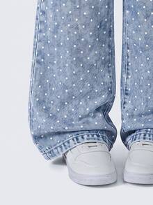 SHEIN Genkimix Kids Girls' Denim Jeans, New All-Season Casual Cute Style, Vintage Light Blue, Elastic Waistband With Heart-Shaped Patch Pockets On Both Sides, Combined With White Polka Dot Print And Snow Wash Effect, Loose Straight Leg Wide Leg Fit, Soft And Comfortable Fabric, Fashionable And Versatile, Suitable For Daily Wear, Gatherings, Outings And More - Light Wash - View 5