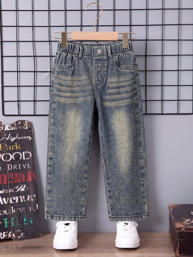 SHEIN Genkimix Kids Boys Denim Geometric Pocket Button Long Straight Leg Regular Fit Jeans Birthday Party Medium Wash Blue, Fall Winter - Medium Wash - View 3