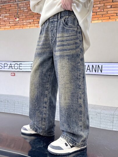 SHEIN Genkimix Kids Boys Denim Geometric Pocket Button Long Straight Leg Regular Fit Jeans Birthday Party Medium Wash Blue