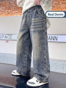 SHEIN Genkimix Kids 男童牛仔長褲，幾何口袋鈕扣設計，直筒長腿修身版型，中洗藍色，適合生日派對、秋冬穿著 - 中等水洗藍 - 查看 10