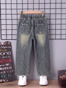 SHEIN Genkimix Kids 男童牛仔長褲，幾何口袋鈕扣設計，直筒長腿修身版型，中洗藍色，適合生日派對、秋冬穿著 - 中等水洗藍 - 查看 5