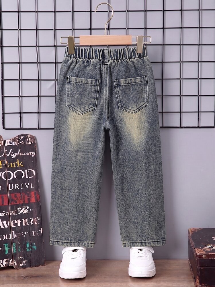 SHEIN Genkimix Kids Boys Denim Geometric Pocket Button Long Straight Leg Regular Fit Jeans Birthday Party Medium Wash Blue, Fall Winter - Medium Wash - View 4