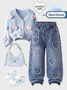 SHEIN Genkimix Kids 女童中藍色牛仔褲，愛心補丁刺繡，鬆緊腰，寬鬆寬腿，棉質，秋季 - 中等水洗藍 - 查看 9