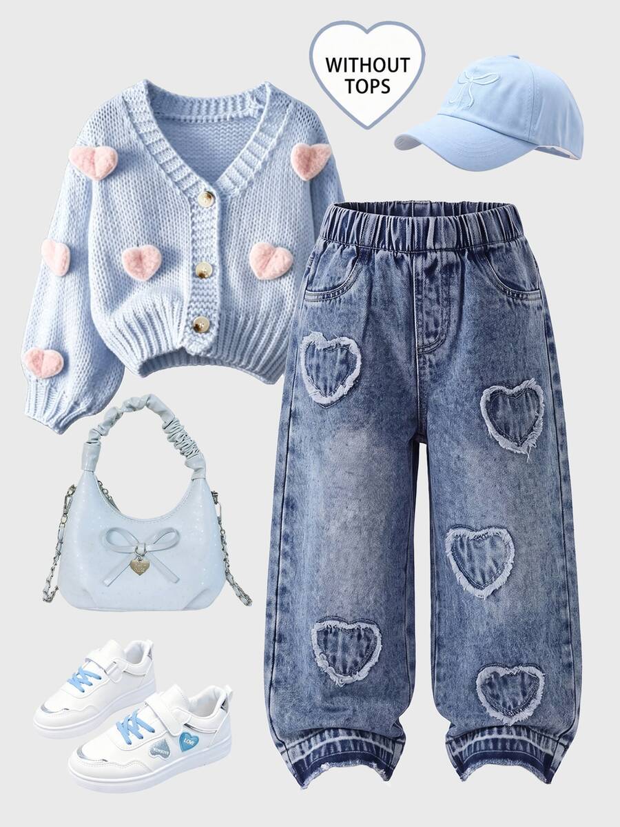 SHEIN Genkimix Kids 女童中藍色牛仔褲，愛心補丁刺繡，鬆緊腰，寬鬆寬腿，棉質，秋季