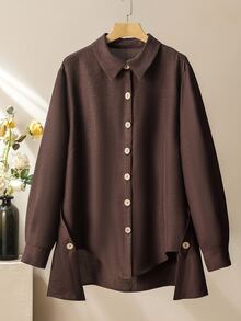Lacomfia Women's Long Sleeve Shirt Collar Split Hem Loose Comfortable Casual Daily Commute Niche Top & Pants 2 Pieces Set Plus Size - Coffee Brown - View 8