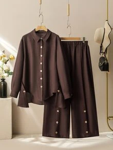 Lacomfia Women's Long Sleeve Shirt Collar Split Hem Loose Comfortable Casual Daily Commute Niche Top & Pants 2 Pieces Set Plus Size - Coffee Brown - View 3