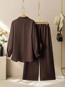 Lacomfia Women's Long Sleeve Shirt Collar Split Hem Loose Comfortable Casual Daily Commute Niche Top & Pants 2 Pieces Set Plus Size - Coffee Brown - View 2