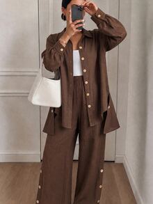 Lacomfia Women's Long Sleeve Shirt Collar Split Hem Loose Comfortable Casual Daily Commute Niche Top & Pants 2 Pieces Set Plus Size - Coffee Brown - View 1