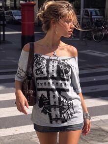 SuriyaCove Retro Graphic Grunge, Y2K, Cross And Heart Pattern Gothic Top Digital Print, Minimalist Women's Crossbody T-Shirt, Halloween Concert Grey Summer - Multicolor - View 5