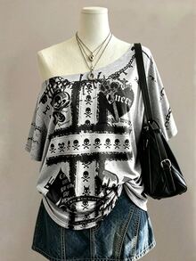 SuriyaCove Retro Graphic Grunge, Y2K, Cross And Heart Pattern Gothic Top Digital Print, Minimalist Women's Crossbody T-Shirt, Halloween Concert Grey Summer - Multicolor - View 9