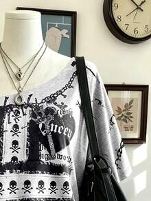SuriyaCove Retro Graphic Grunge, Y2K, Cross And Heart Pattern Gothic Top Digital Print, Minimalist Women's Crossbody T-Shirt, Halloween Concert Grey Summer - Multicolor - View 8
