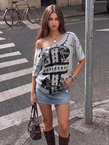 SuriyaCove Retro Graphic Grunge, Y2K, Cross And Heart Pattern Gothic Top Digital Print, Minimalist Women's Crossbody T-Shirt, Halloween Concert Grey Summer - Multicolor - View 1