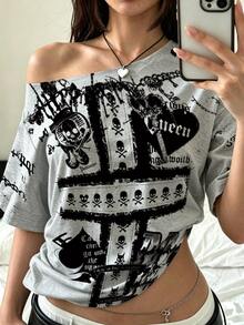 SuriyaCove Retro Graphic Grunge, Y2K, Cross And Heart Pattern Gothic Top Digital Print, Minimalist Women's Crossbody T-Shirt, Halloween Concert Grey Summer - Multicolor - View 6