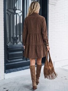 SHEIN LilyWest Women's Autumn/Winter New Ruffle Hem Casual Short Dress - Coffee Brown - View 2