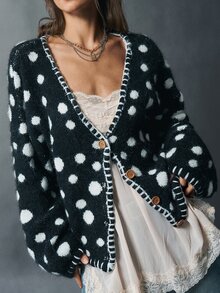 Bohemela Vintage Jacquard Polka Dot Crochet Trim Knit Cardigan - Black and White - View 1