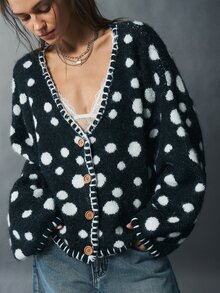 Bohemela Vintage Jacquard Polka Dot Crochet Trim Knit Cardigan - Black and White - View 6