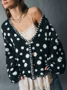 Bohemela Vintage Jacquard Polka Dot Crochet Trim Knit Cardigan - Black and White - View 4