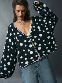 Bohemela Vintage Jacquard Polka Dot Crochet Trim Knit Cardigan - Black and White - View 5