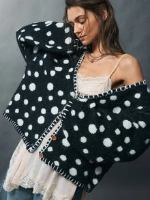 Bohemela Vintage Jacquard Polka Dot Crochet Trim Knit Cardigan - Black and White - View 8